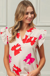 BiBi Bow Printed Woven Ruffled Sleeves V Neck Top OutfitFlow